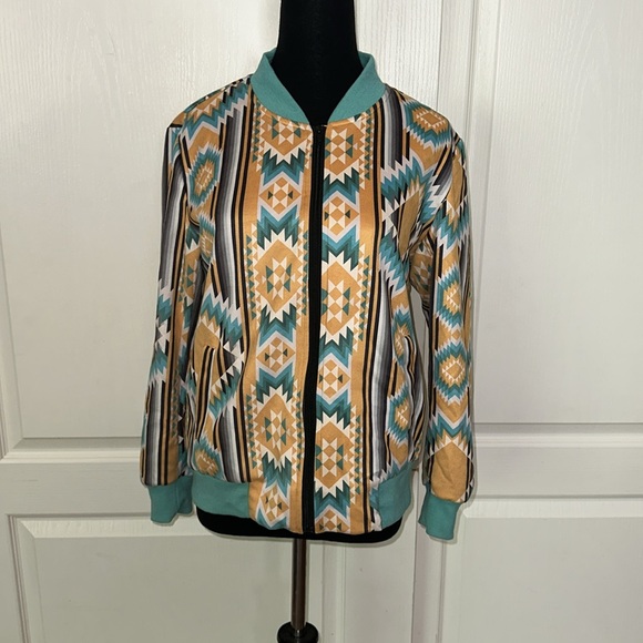 Crazy Train Jackets & Blazers - CRAZY TRAIN YELLOW & BLUE AZTEC GEOMETRIC WESTERN COUNTRY COWGIRL BOMBER JACKET